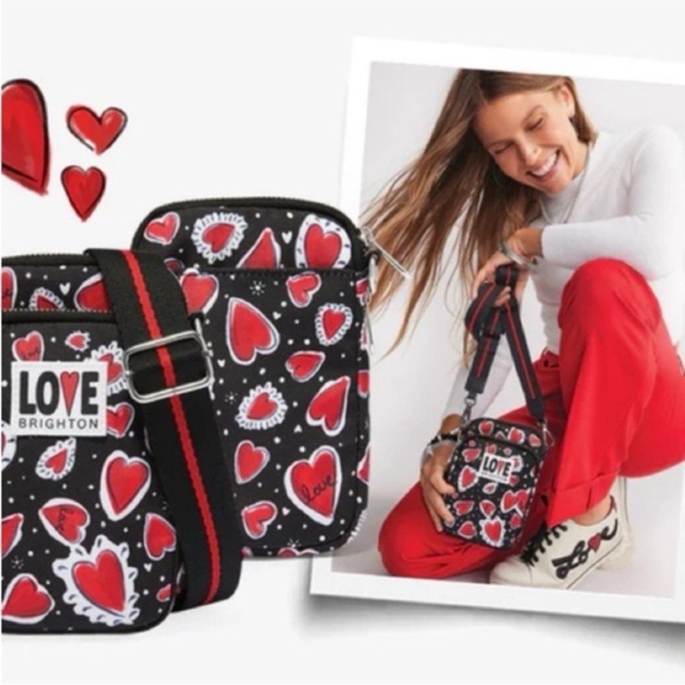 Brighton Black Crossbody Bag with Red Heart Print